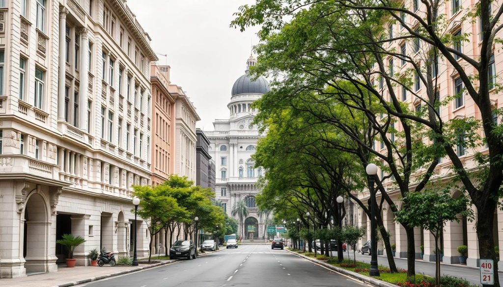 Elegant street view of Ba Dinh district in Hanoi with upscale buildings and tree-lined avenues