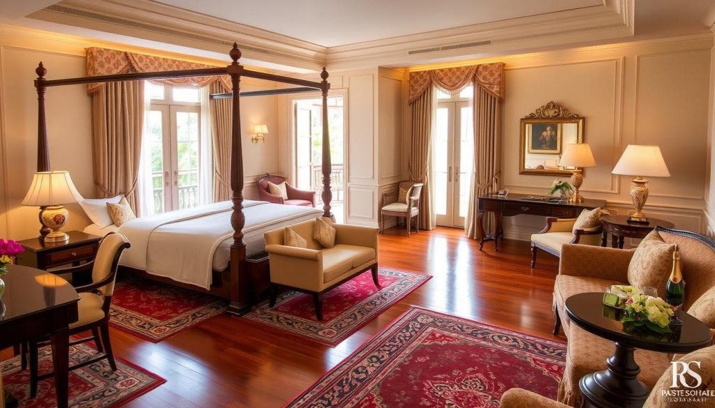 Elegant suite at Raffles Hotel Le Royal Phnom Penh with colonial-style furnishings