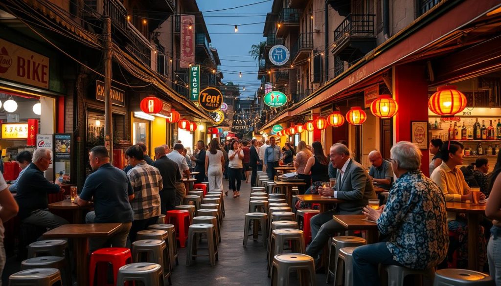 Evening scene of Beer Street (Ta Hien) in Hanoi with busy outdoor seating