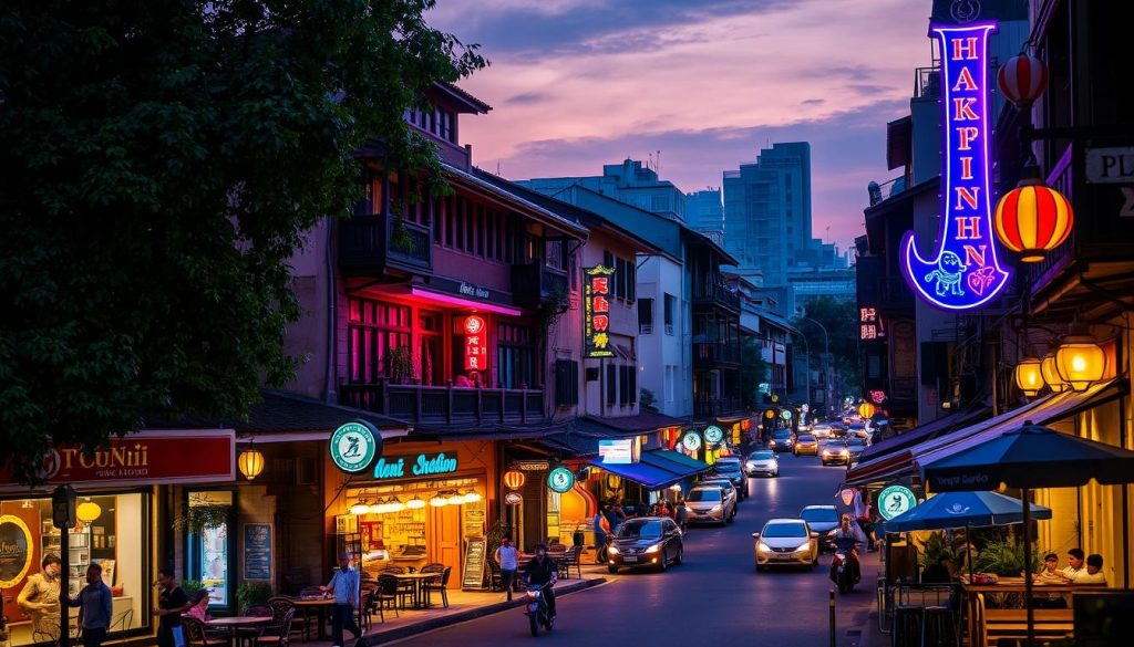 Evening street view of Hanoi Old Quarter with traditional buildings and nightlife, best location for dating hotels