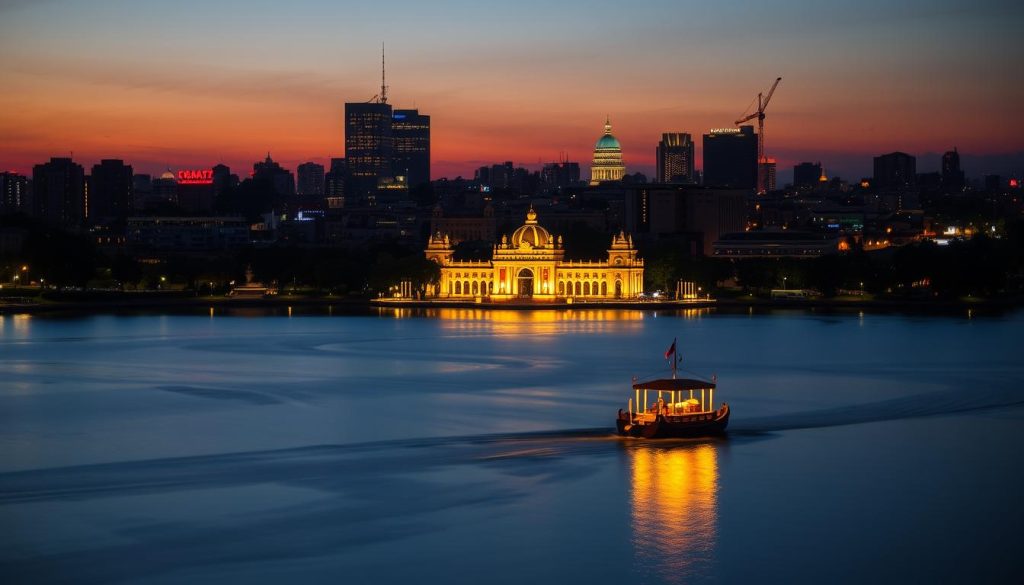 Evening view of Hanoi skyline with Hoan Kiem Lake illuminated, perfect setting for romantic dating experiences