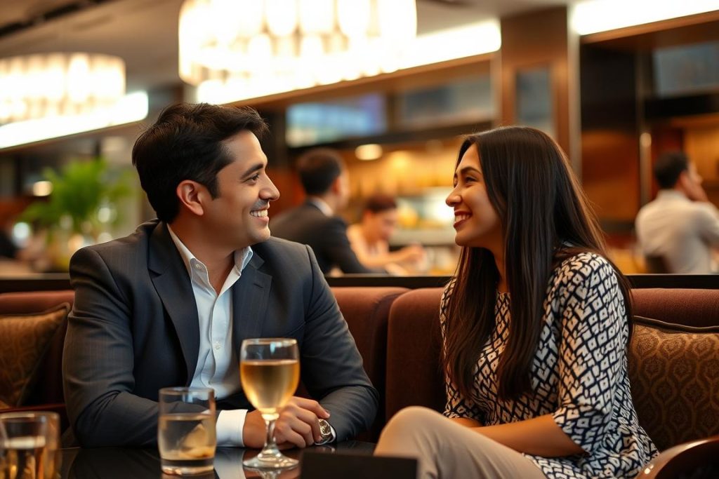 Expat man and Indonesian woman engaged in conversation at an upscale Jakarta lounge