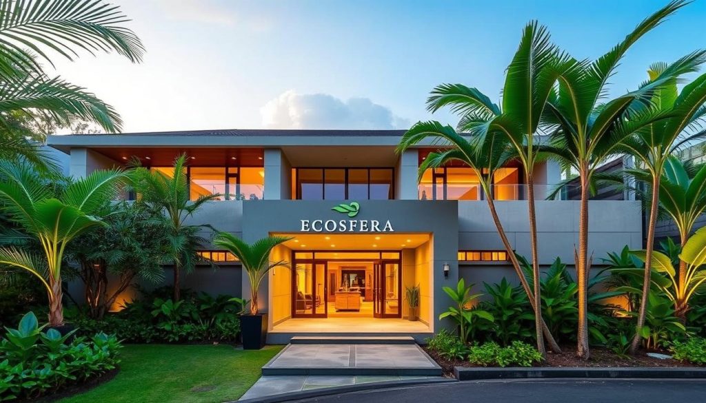 Exterior of Ecosfera Hotel showing its modern design for best hotels bali dating