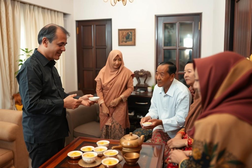 Family gathering in an Indonesian home with a Western man being introduced, showing the importance of family approval in jakarta dating culture