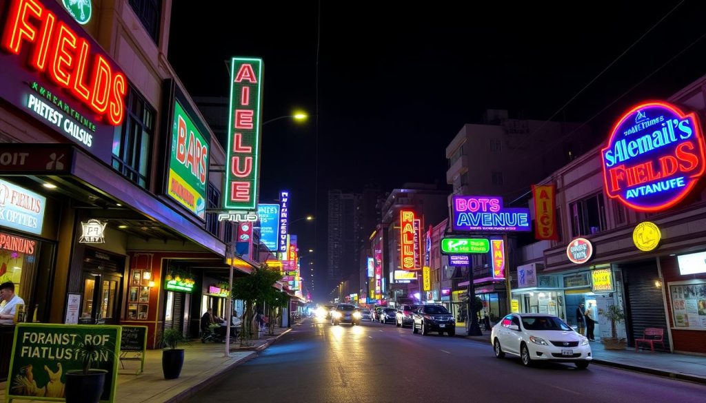 Fields Avenue at night showing hotels near entertainment venues in Angeles City