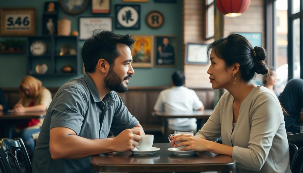 First date at a traditional Hanoi cafe with couple enjoying Vietnamese coffee, showing typical hanoi dating culture setting First date at a traditional Hanoi cafe with couple enjoying Vietnamese coffee, showing typical hanoi dating culture setting