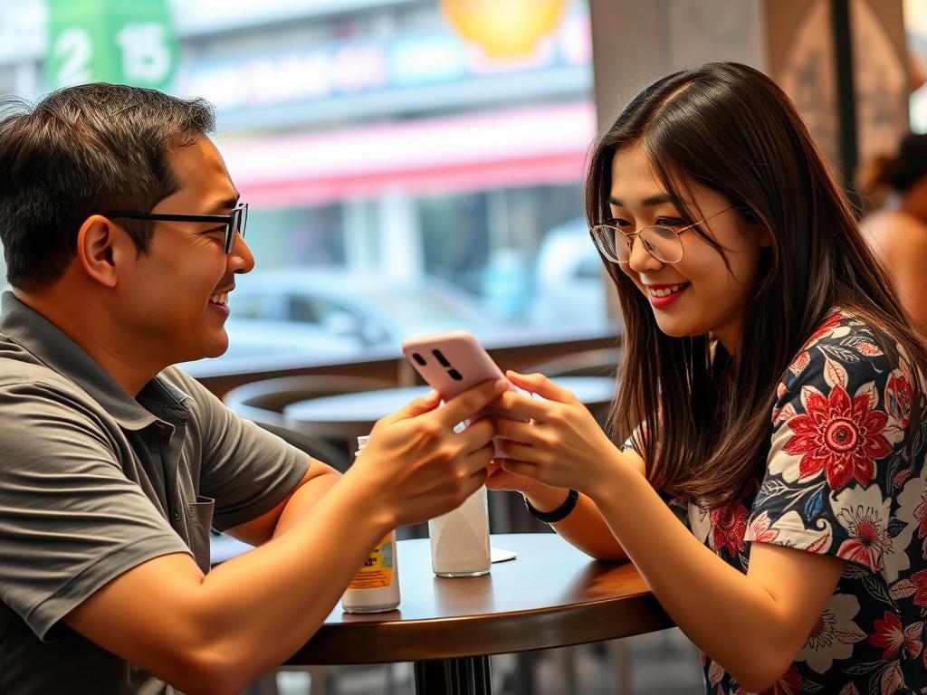Foreign man and Thai woman communicating with translation app in Pattaya