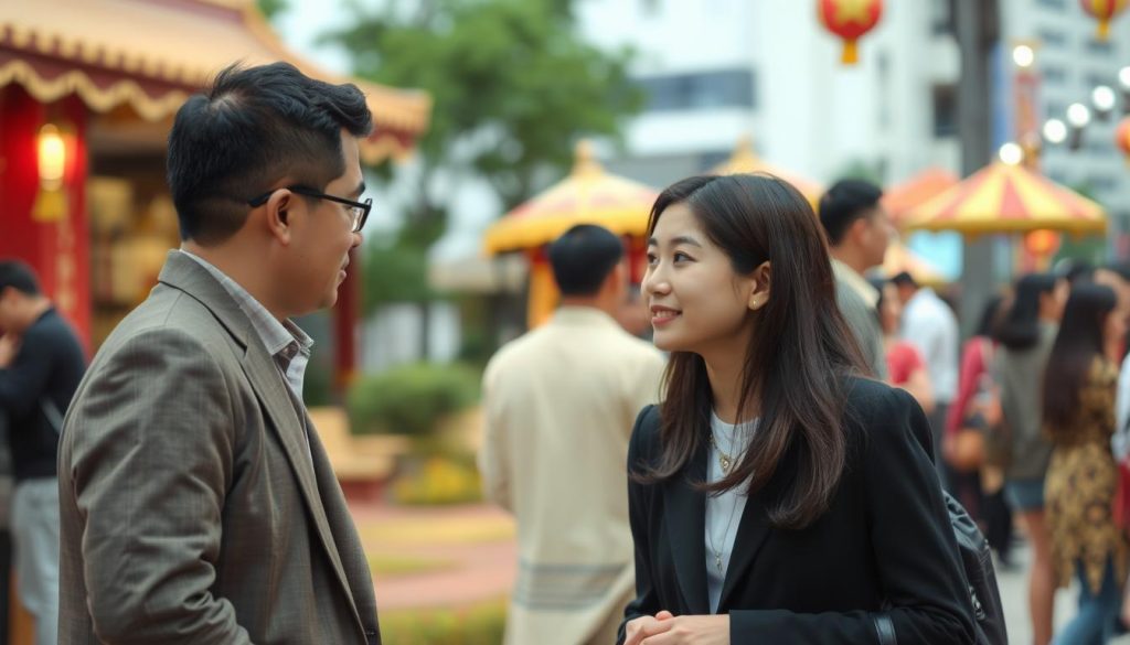Foreign man and Vietnamese woman having conversation at a cultural event in Ho Chi Minh City