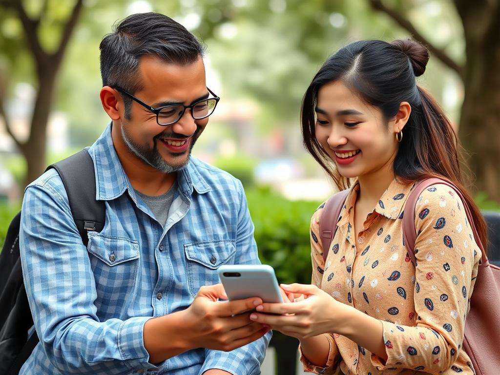 Foreign man and Vietnamese woman using translation app during conversation in Hanoi