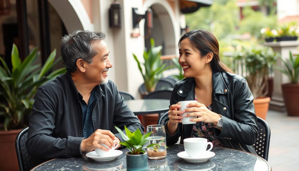 Foreign man and young Vietnamese woman having coffee at an outdoor cafe in Hanoi