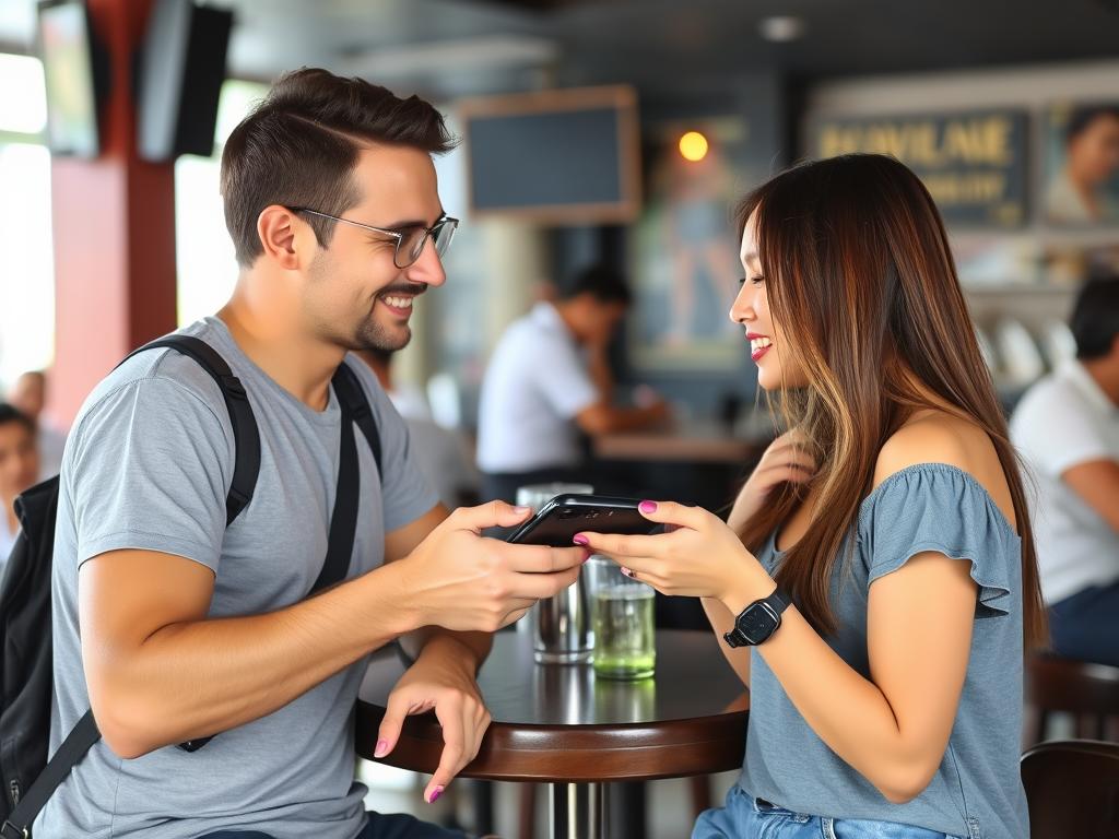 Foreign visitor exchanging contact information with Thai woman in Pattaya
