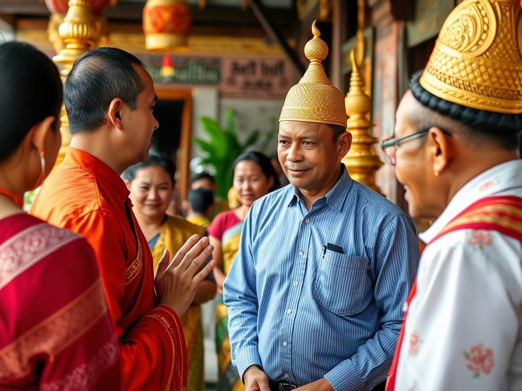 Foreigner respectfully participating in a Thai cultural activity Foreigner respectfully participating in a Thai cultural activity