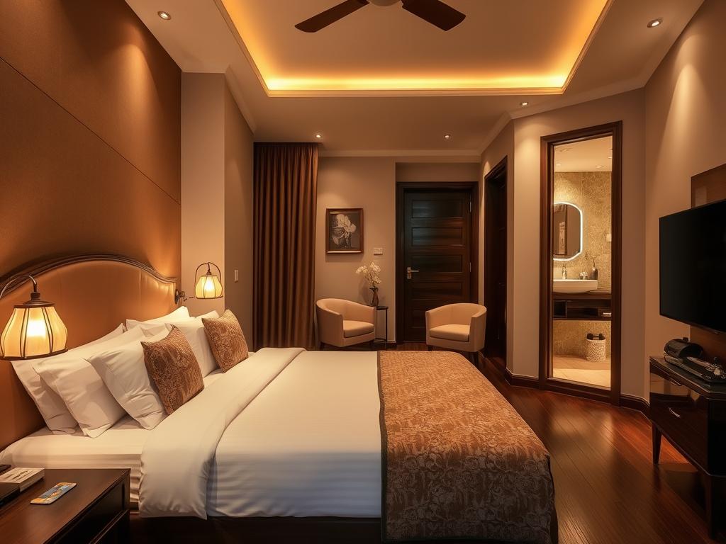 Golden Amour Hotel room with romantic decor and comfortable bed, ideal for dating in Hanoi Old Quarter