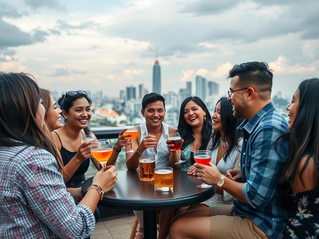 Group of friends of different ages socializing at a Manila rooftop bar