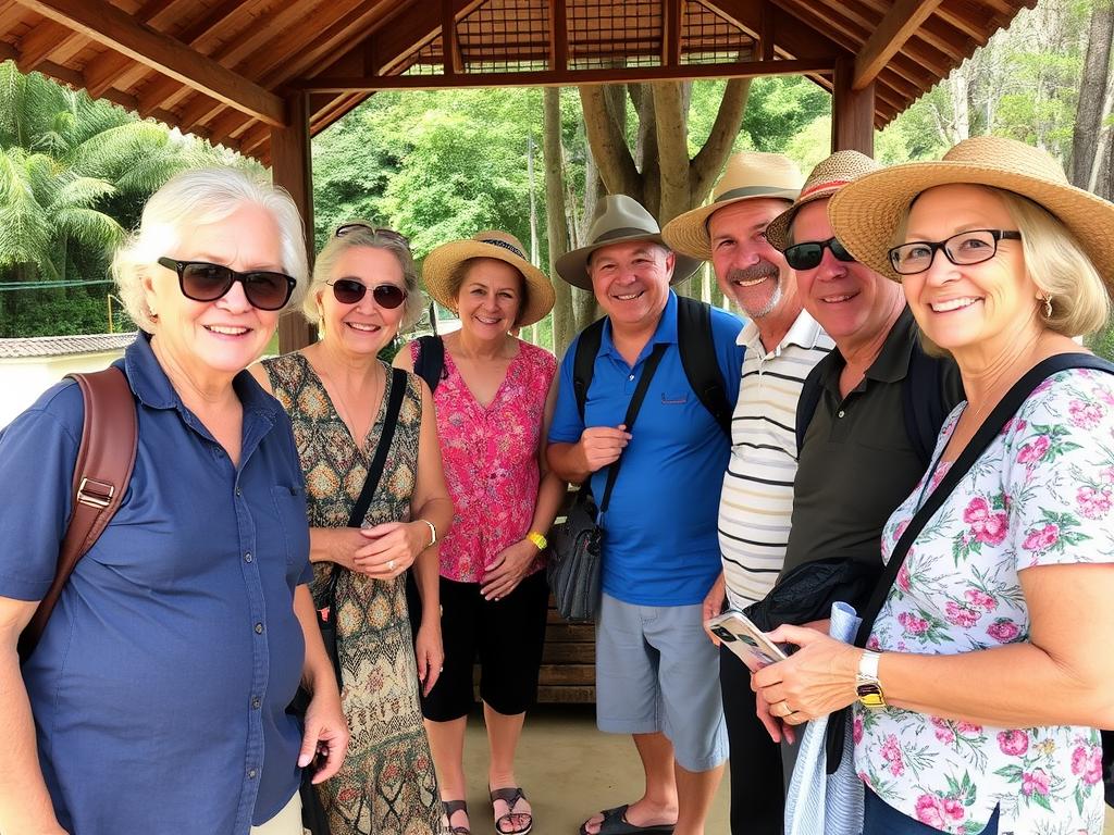Group of mature travelers with tour guide in Southeast Asia