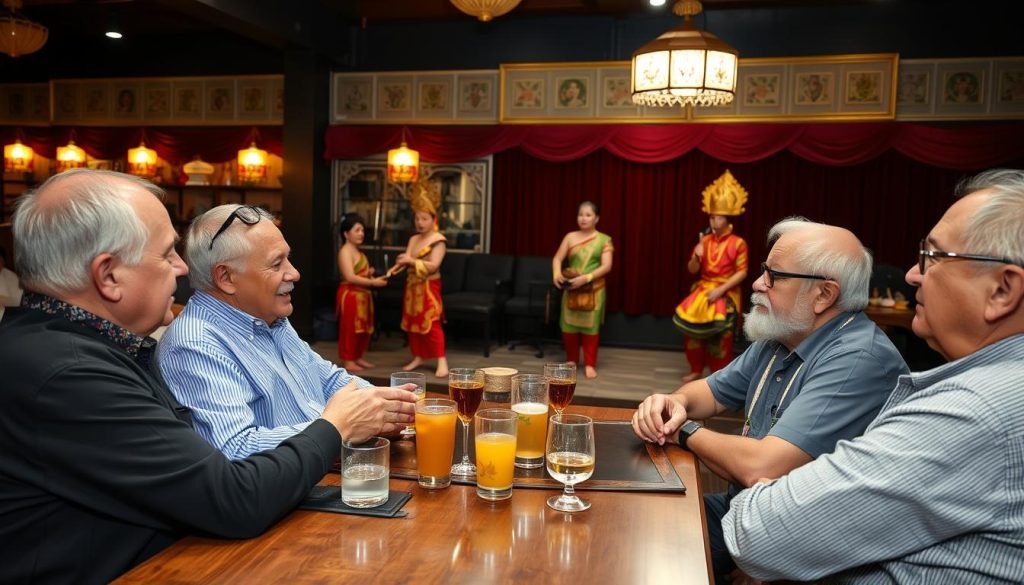 Group of older Western men enjoying a cultural performance in Southeast Asia