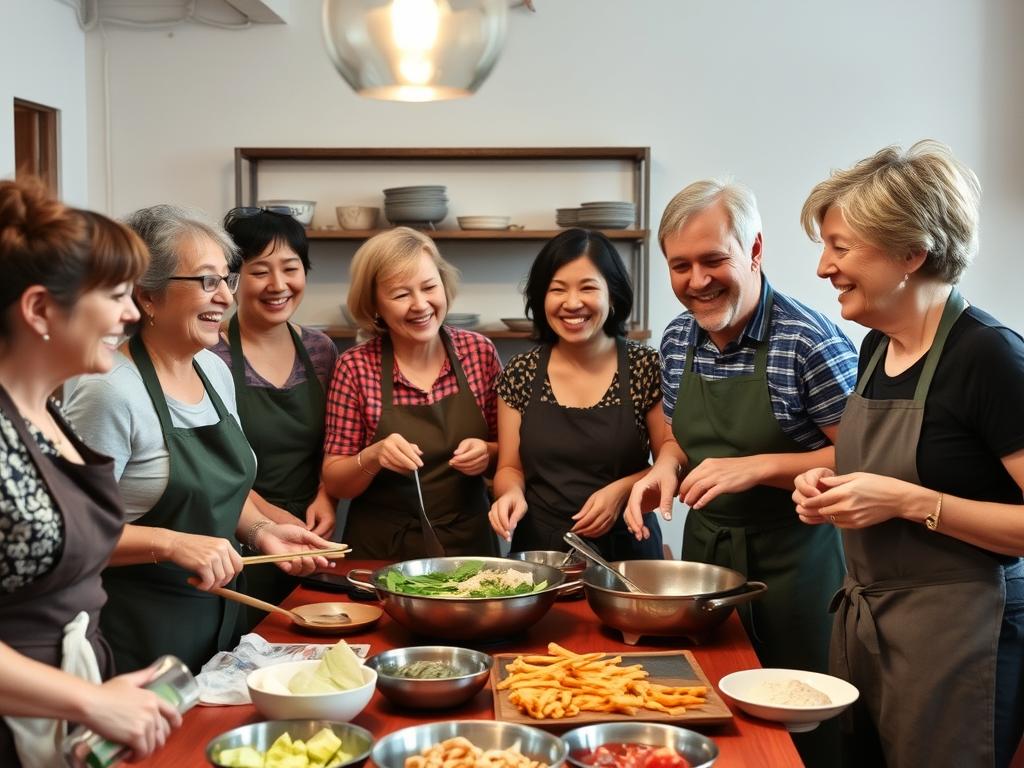 Group of travelers socializing during a cooking class in Vietnam