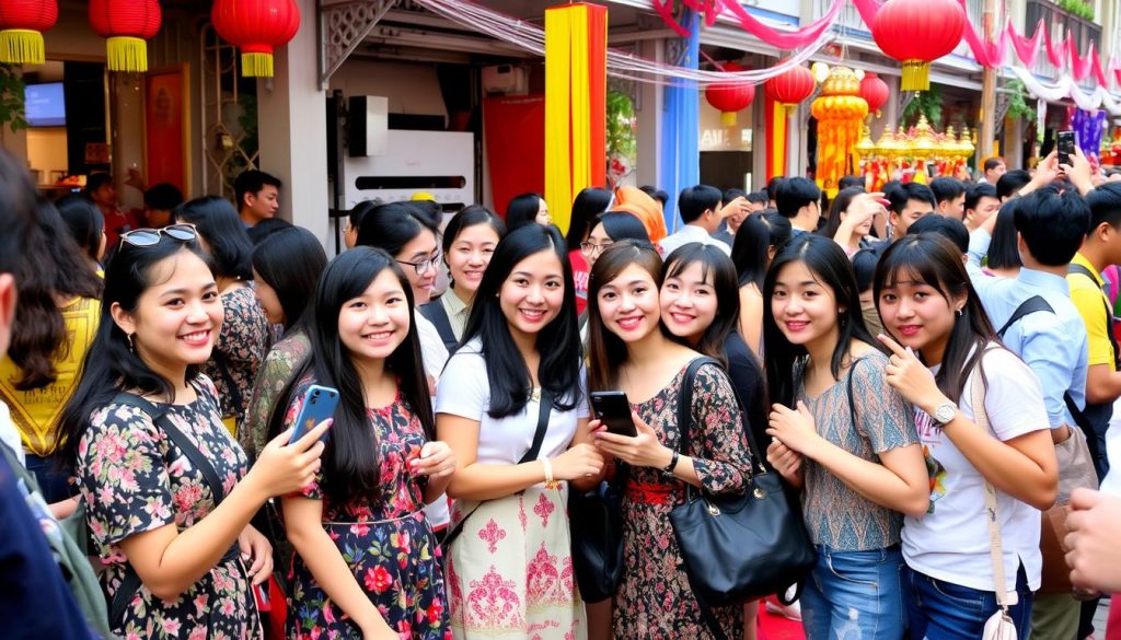 Group of young Vietnamese women and foreign visitors enjoying a cultural festival in Hanoi