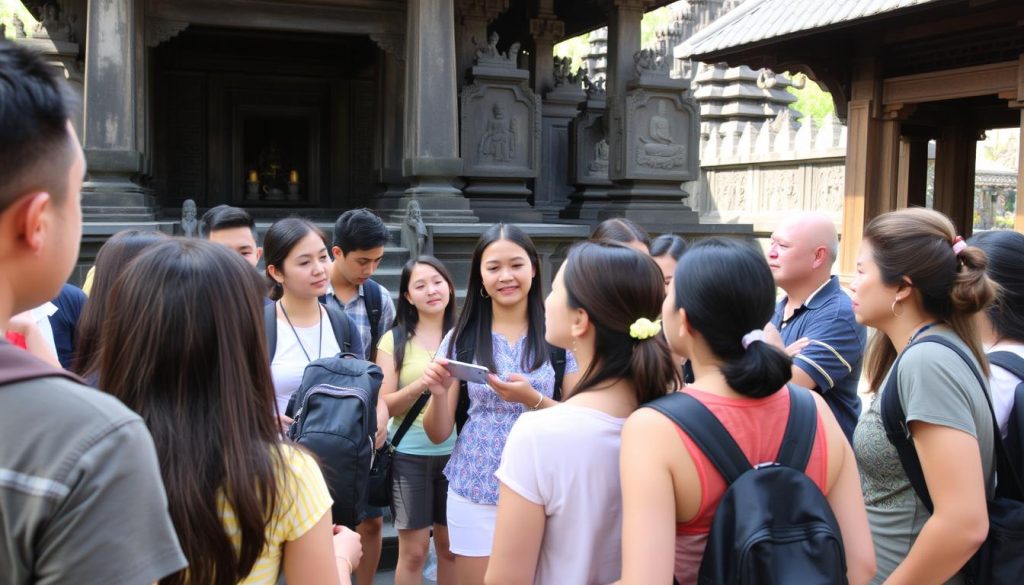 Group tour in Bali with tourists exploring a temple, providing opportunities for meeting younger women