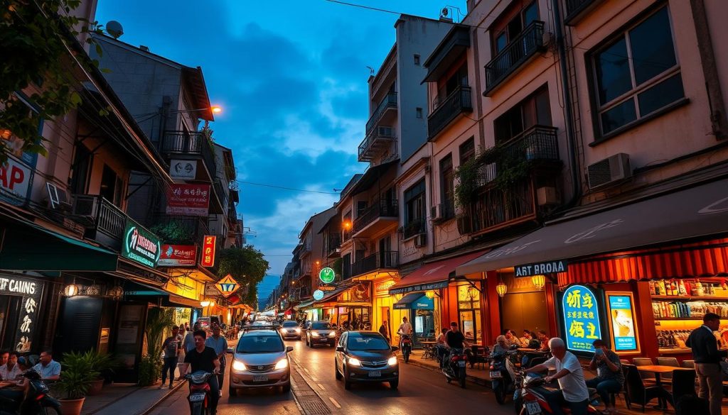 Hanoi Old Quarter transitioning from day to evening with lights coming on