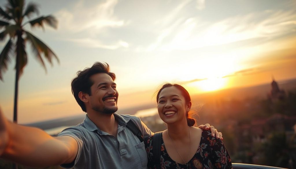 Happy couple enjoying sunset in Cambodia