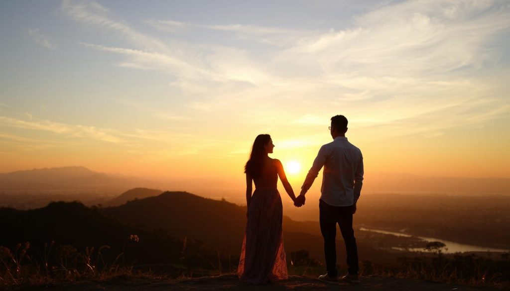 Happy couple enjoying sunset in Vietnam, representing successful dating in Vietnam