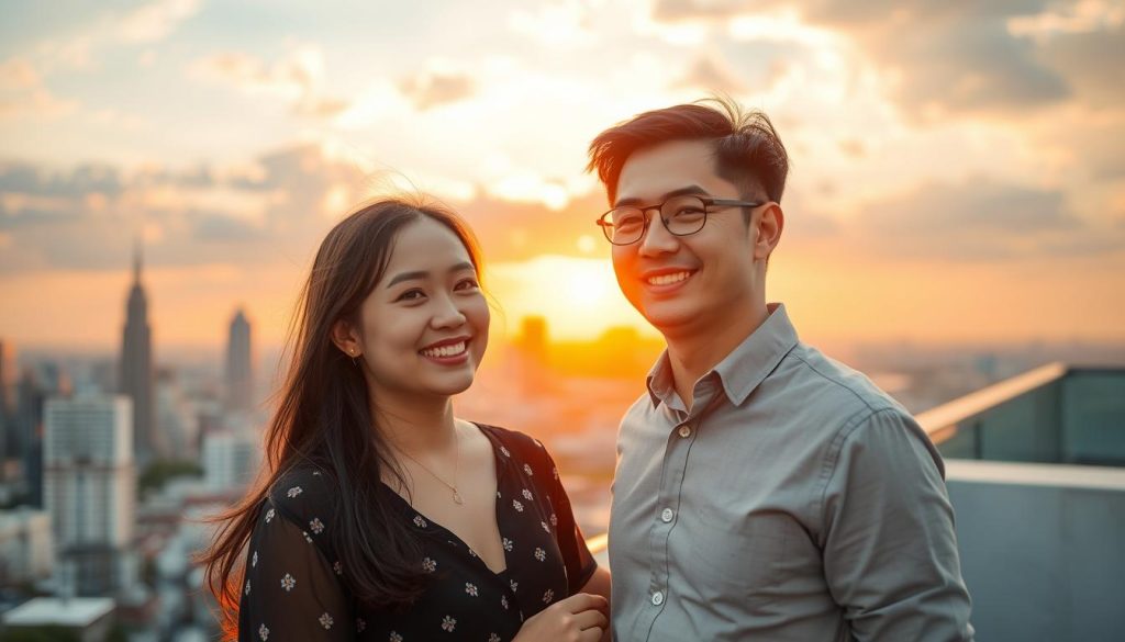 Happy couple enjoying sunset view over Ho Chi Minh City skyline