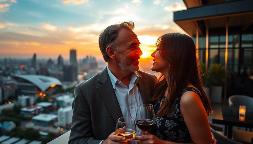Happy couple enjoying sunset views from a Jakarta rooftop restaurant
