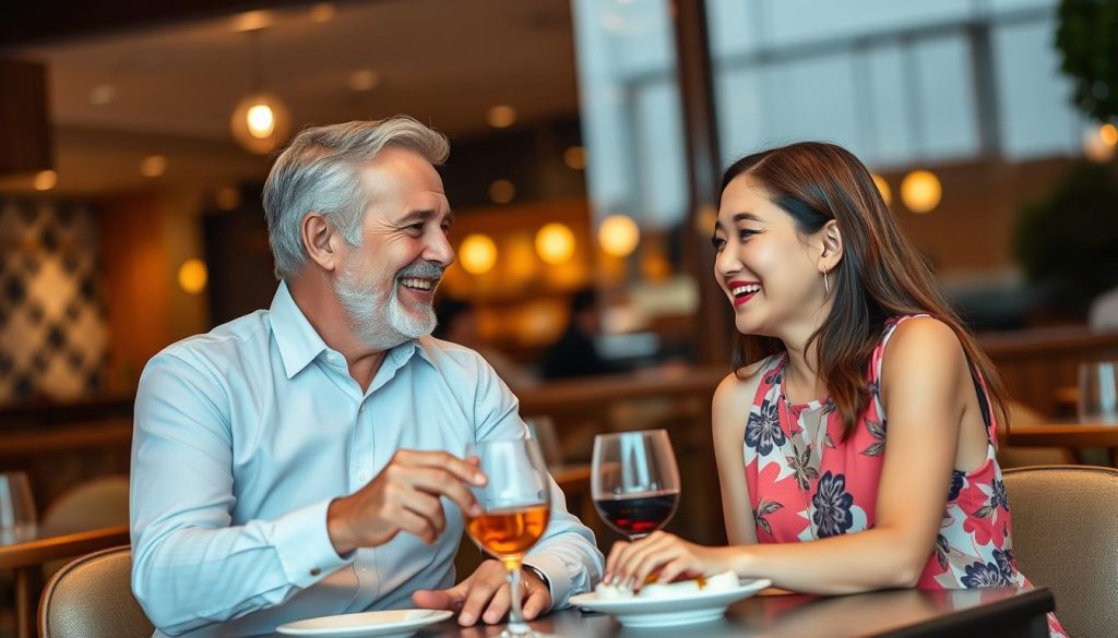 Happy older Western man with younger Southeast Asian woman on a date