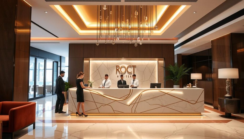 Hotel reception desk in Jakarta with friendly staff for best hotels jakarta dating experiences