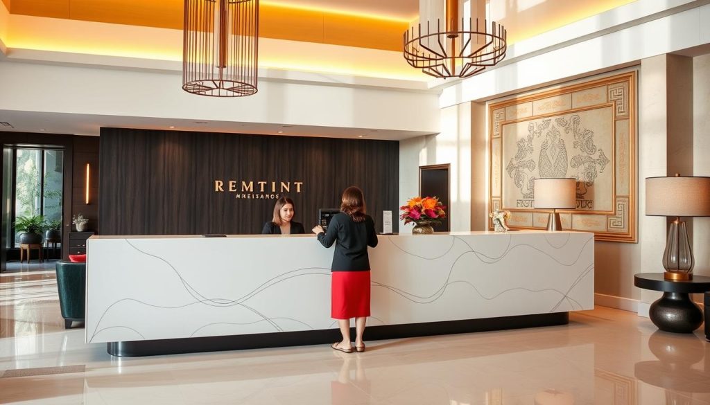 Hotel reception desk in Phnom Penh with guest checking in