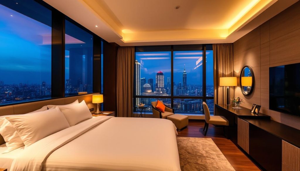 Hotel room in Vietnam with city view, representing accommodation costs for dating in Vietnam