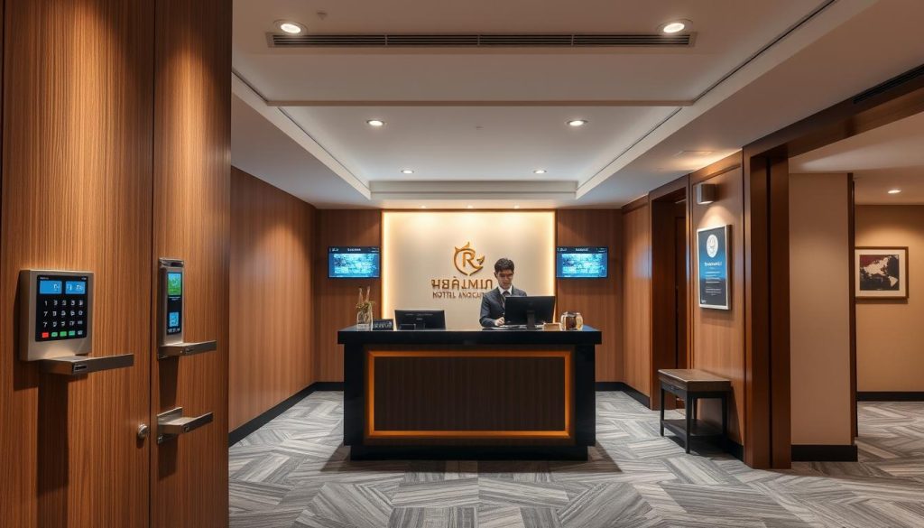 Hotel security features including key card access and 24-hour front desk