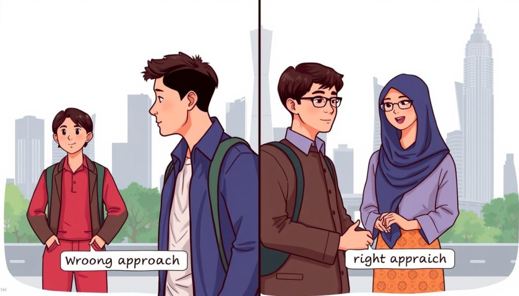 Illustration of cultural misunderstandings to avoid when meeting younger women in Jakarta