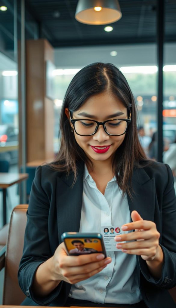 Indonesian woman using dating app on smartphone, representing online dating in jakarta dating culture