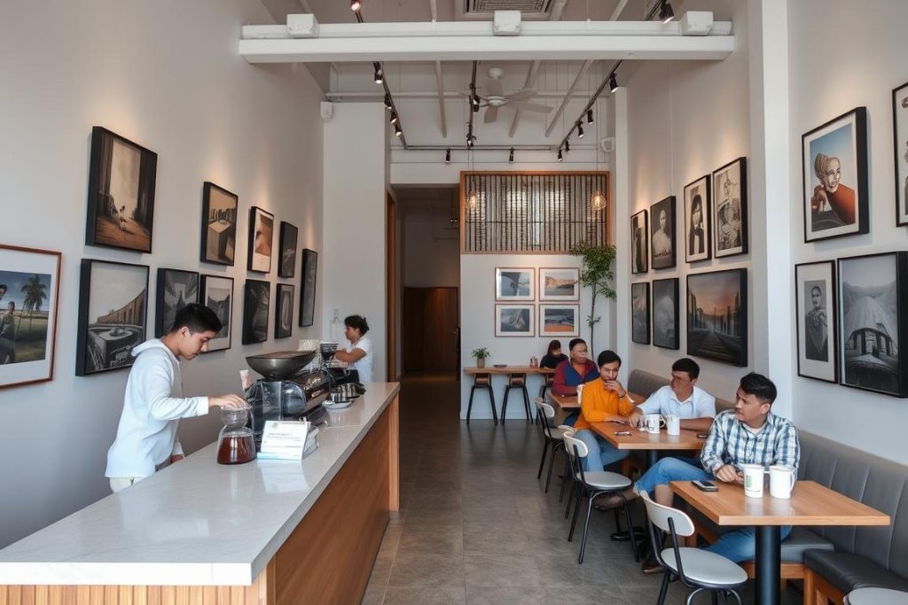 Interior of a stylish café-gallery in Phnom Penh with art displays and coffee service