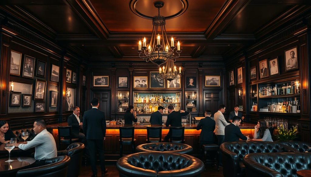 Interior of an elegant colonial-style cocktail bar in Phnom Penh with sophisticated patrons