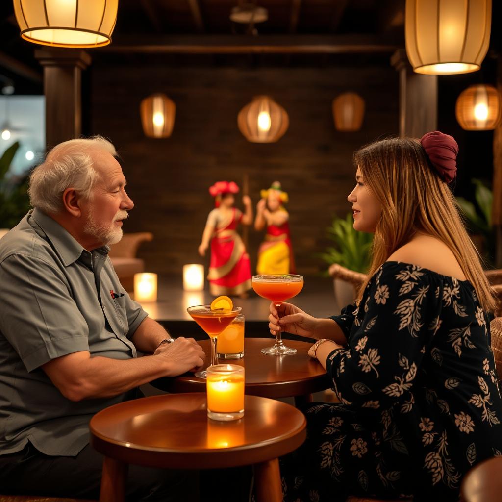 Intimate conversation at an Ubud lounge with cultural performance in background