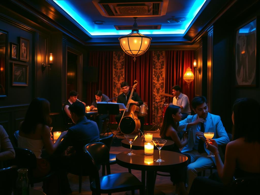 Intimate jazz lounge in Manila with live performers and couples enjoying cocktails at small tables