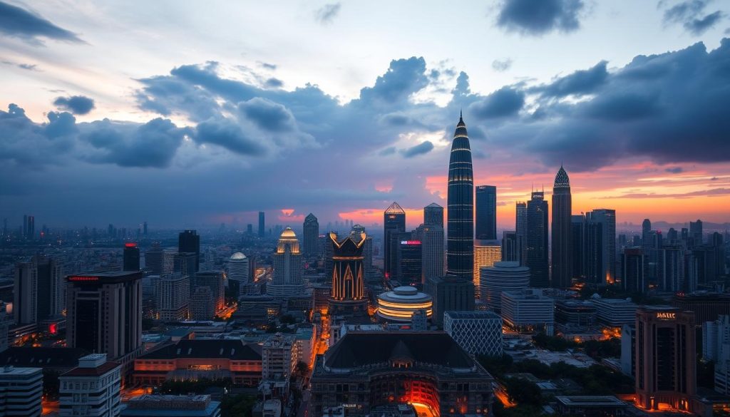 Jakarta skyline at sunset with illuminated skyscrapers and nightlife districts