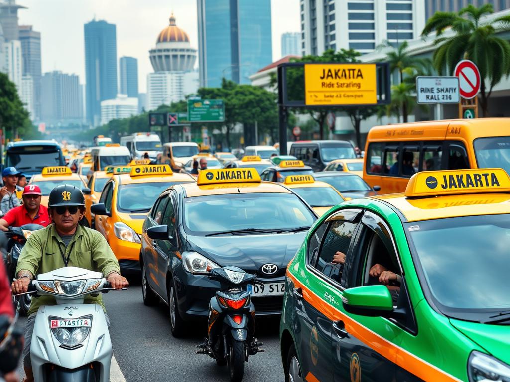 Jakarta traffic with taxis and ride-sharing vehicles, illustrating transportation costs for dating in Jakarta