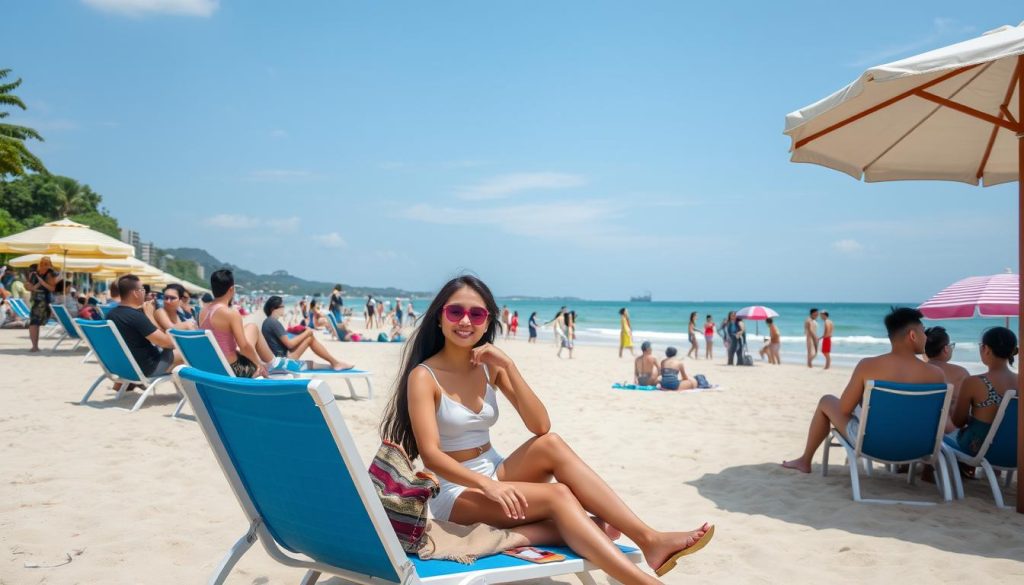 Jomtien Beach in Pattaya with young Thai women relaxing and socializing