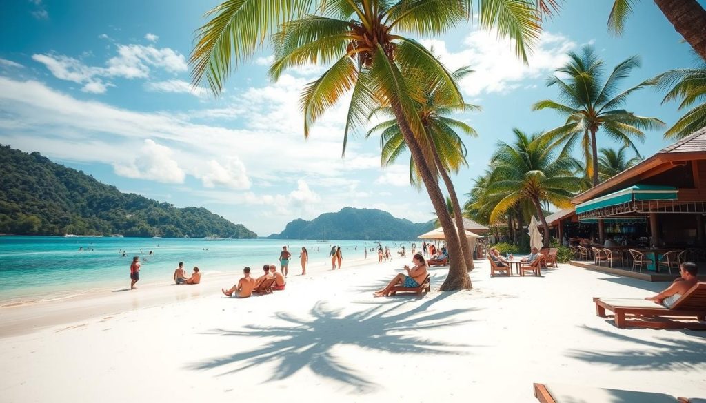 Karon Beach in Phuket with people relaxing and socializing, a popular daytime venue for meeting younger women