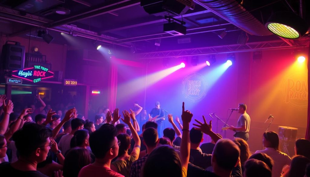 Live band performing at Hanoi Rock City with energetic crowd