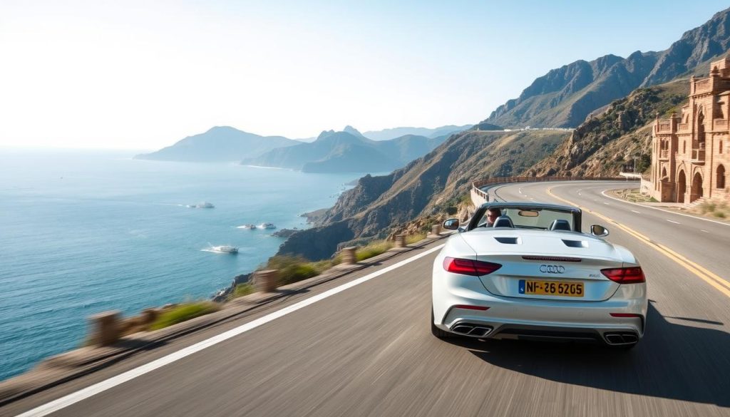 Luxury convertible car driving along the scenic Hai Van Pass coastal road - adventurous things to do in Vietnam