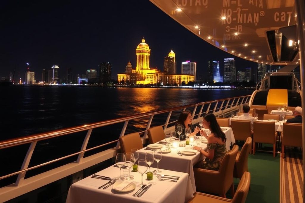 Luxury dinner cruise on the Saigon River at night with Ho Chi Minh City skyline illuminated - romantic things to do in Vietnam