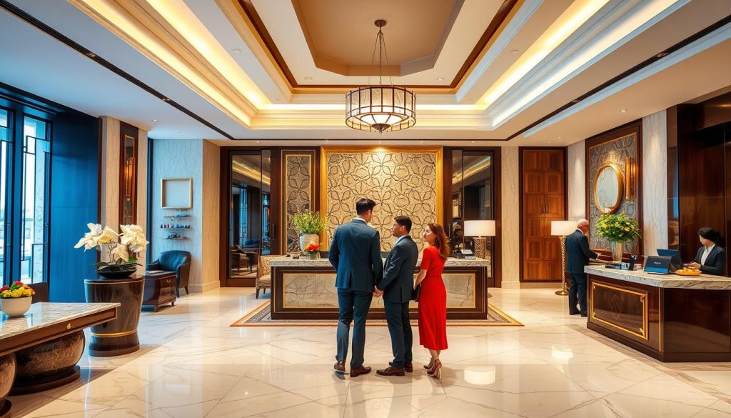 Luxury hotel lobby in Ho Chi Minh City with elegant couples checking in