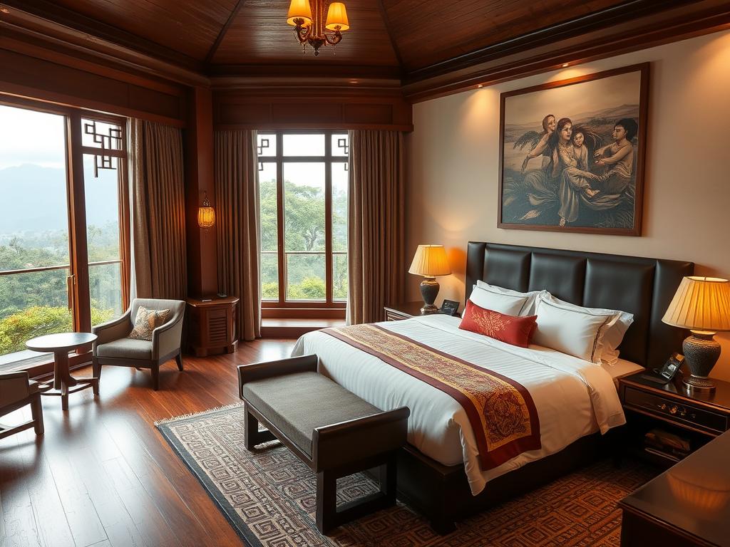 Luxury hotel room in Chiang Mai with traditional Thai decor and modern amenities