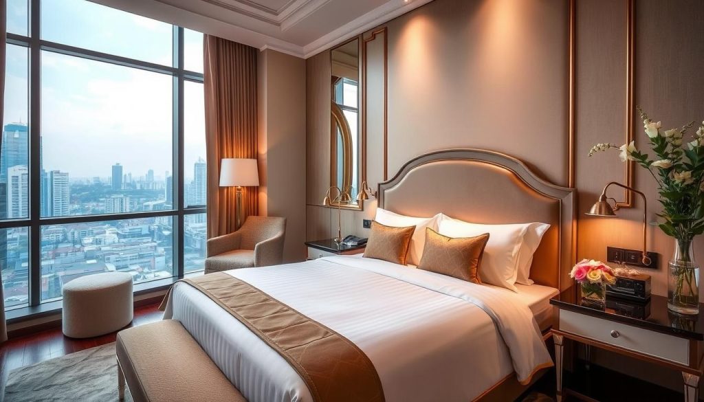 Luxury hotel room in Hanoi with city view, representing accommodation costs for dating in Hanoi