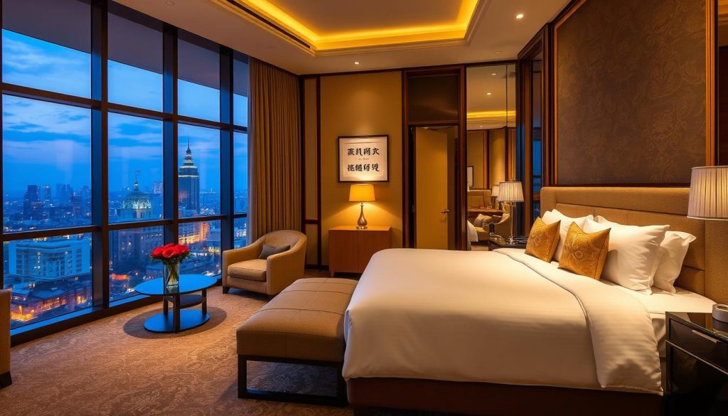 Luxury hotel room with panoramic views of Hanoi and elegant interior design